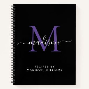 Black Purple Violet Monogram Script Name Recipe Notebook