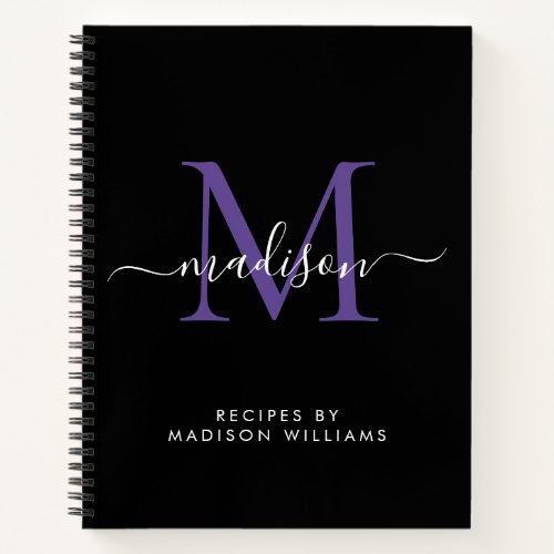 Black Purple Violet Monogram Script Name Recipe Notebook