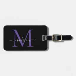 Black Purple Violet Monogram Script Name Stylish Luggage Tag
