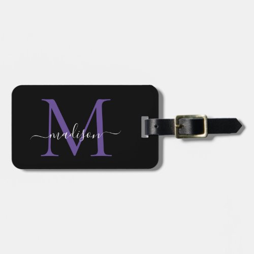 Black Purple Violet Monogram Script Name Stylish Luggage Tag