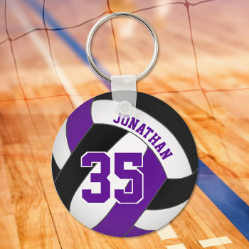 Black Purple Volleyball Player Name Jersey Number Keychain by katz_d_zynes at Zazzle