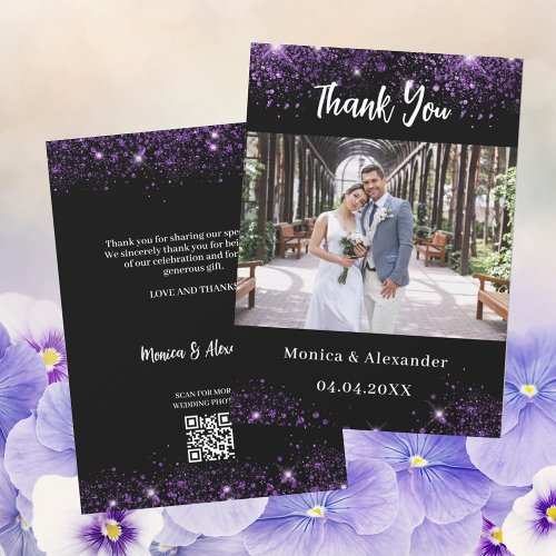Black purple wedding photo QR thank you card