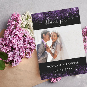 Black purple wedding photo thank you card