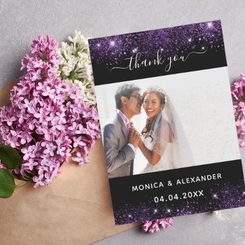 Black Purple Wedding Photo Thank You Card by Thunes at Zazzle
