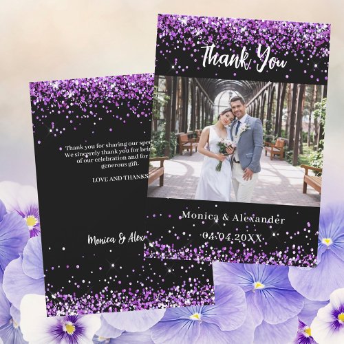 Black purple wedding photo thank you card