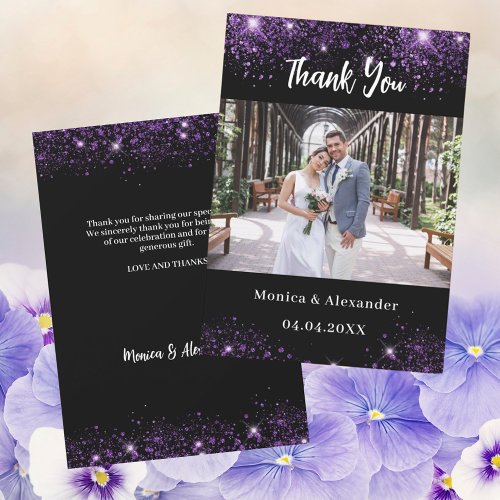 Black purple wedding photo thank you card