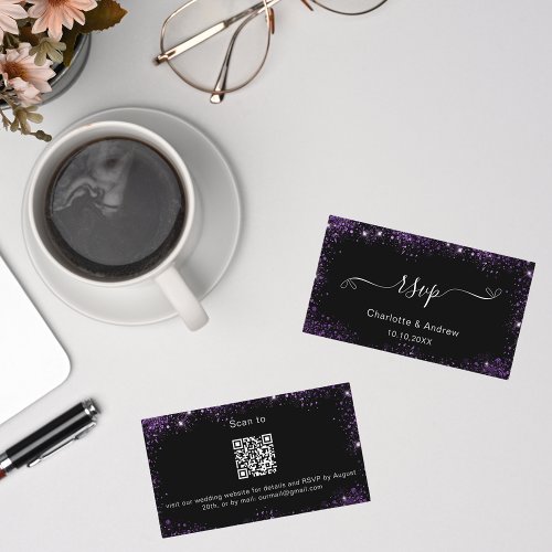 Black purple wedding website RSVP QR code Enclosure Card