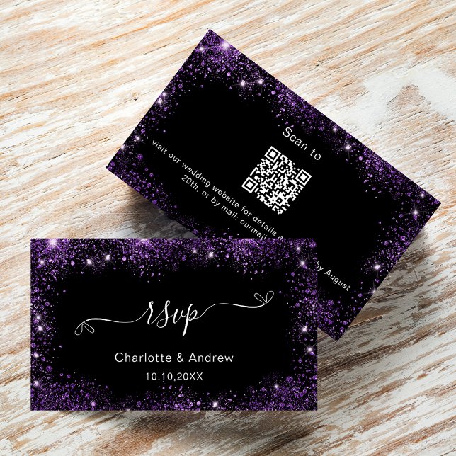 Black purple wedding website RSVP QR code Enclosure Card (Creator Uploaded)