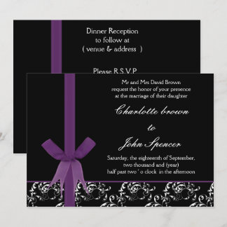 Black Purple White  Damask FAUX ribbon design Invitation