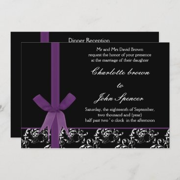 Black Purple White  Damask FAUX ribbon design Invitation