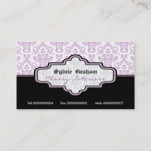 Black purple white damask interiors business card