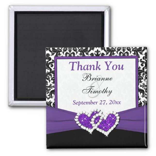 Black, Purple, White Damask Wedding Favor Magnet (Front)