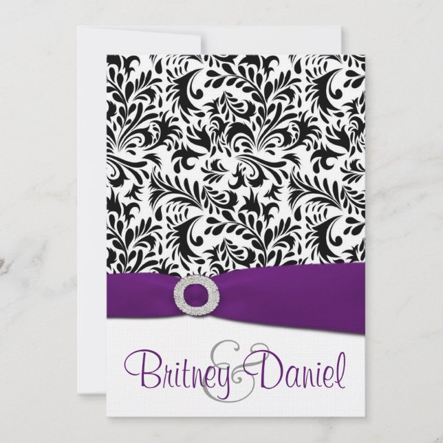 Black Purple & White Damask Wedding Invitations (Front)