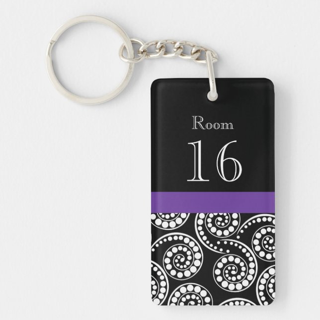 Black purple white hotel room key keychain (Front)