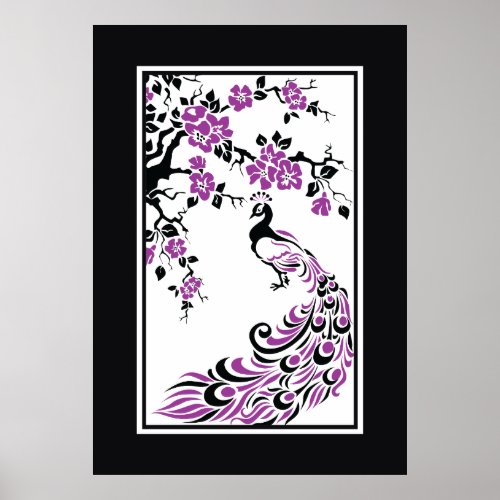 Black purple white peacock and cherry blossoms poster