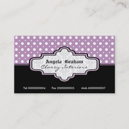 Black purple white polka dot interiors business card