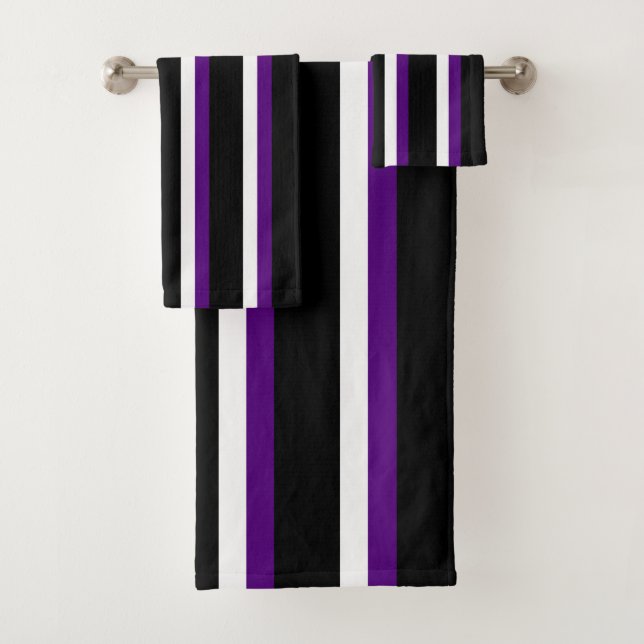 Black Purple White Striped Bath Towel Set (Insitu)