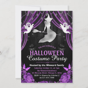 Black & Purple Witch & Shimmer Curtains Halloween Invitation