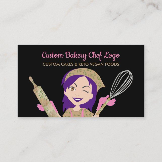 Black Purple Woman Bakery Chef Vegan Food Pastry Business Card (Front)