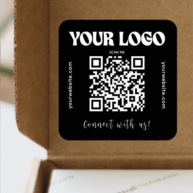 Black QR Code Business Logo Modern Connect Square Sticker (Creator Uploaded)