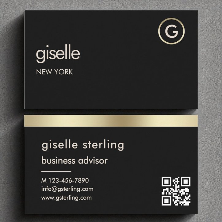Black QR Code Faux Gold Foil Monogram Business Card