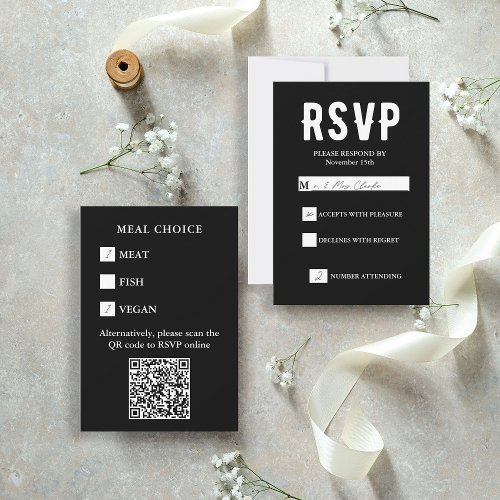 Black QR Code Meal Choice Wedding  RSVP Card