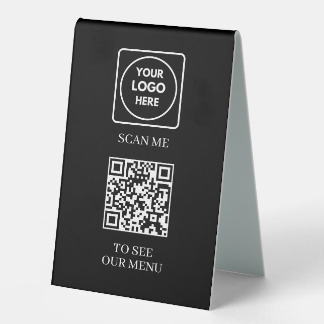 Black QR Code Menu | Modern Contactless Logo  Table Tent (Front)