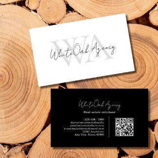 Black QR code Modern Calligraphy Script Monogram Business Card
