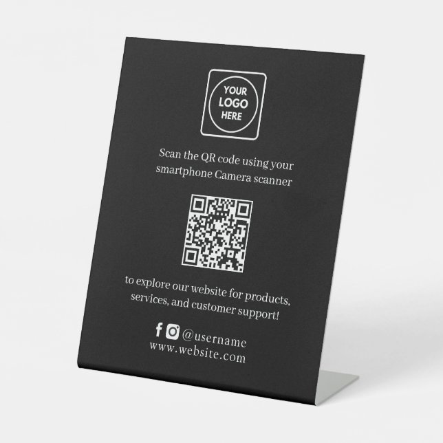 Black QR Code | Modern Scan Me Business Website  Pedestal Sign (Front)