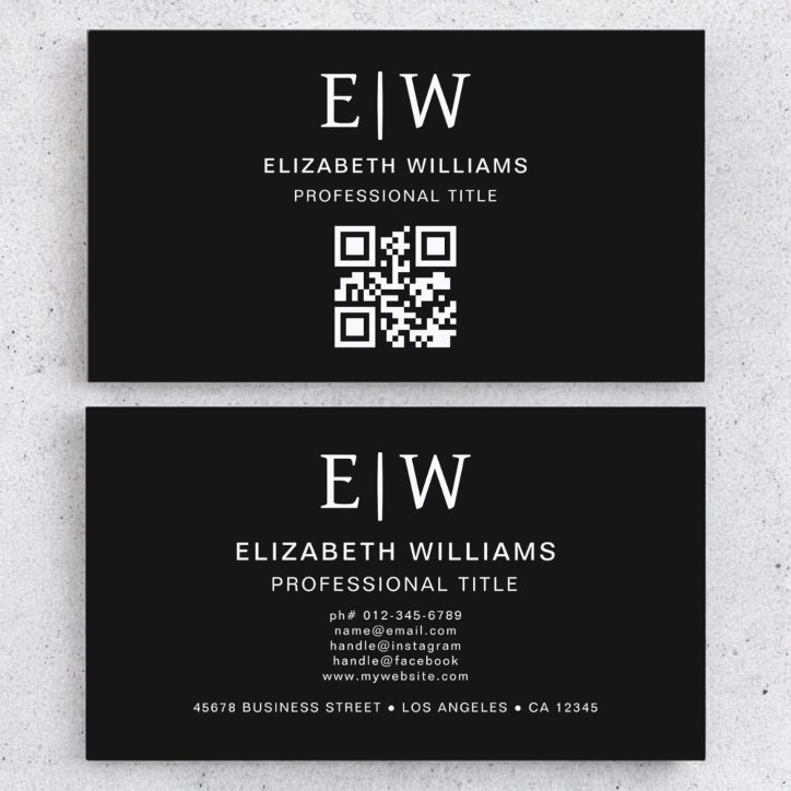Black QR Code Monogram Minimalist Business Card