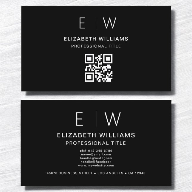 Black QR Code Monogram Minimalist Modern Business Card (Creator Uploaded)