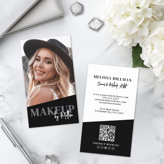 Black QR Code Photo Makeup Vertical Business Card (Black QR Code Photo Makeup Vertical Business Card )
