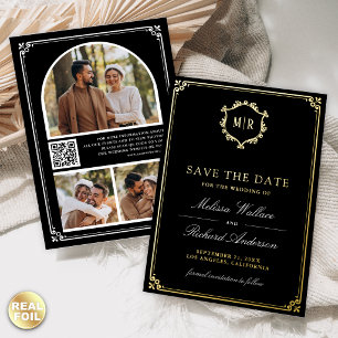 Black QR Code Photo Wedding Save the Date Gold Foil Invitation