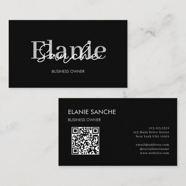 Black QR Code Trendy Elegant Modern Business Card (Front/Back)