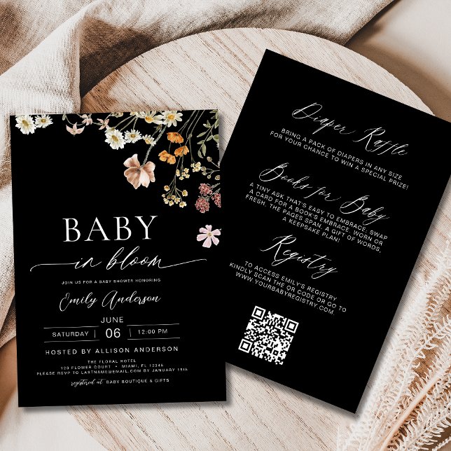 Black QR Code Wildflower Baby in Bloom Shower  Invitation (Creator Uploaded)