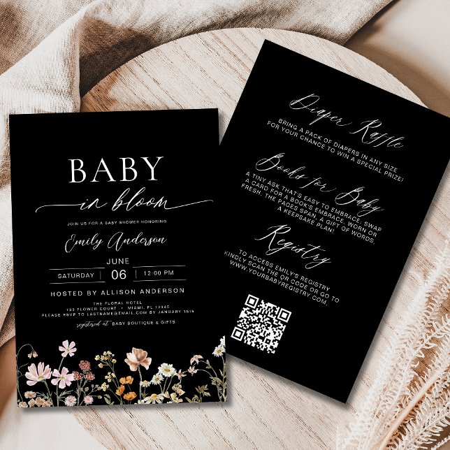 Black QR Code Wildflower Baby in Bloom Shower  Invitation (Creator Uploaded)