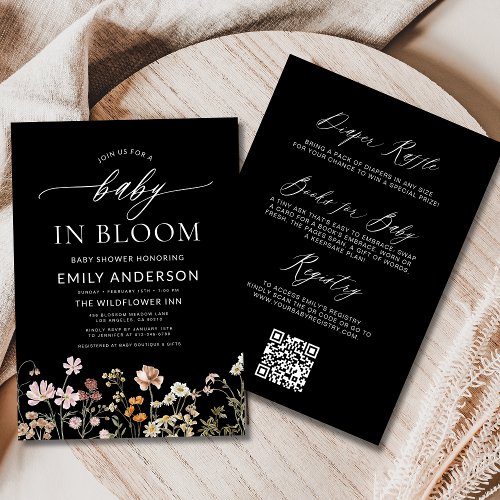Wildflower Black Floral or wildflower baby shower invitation