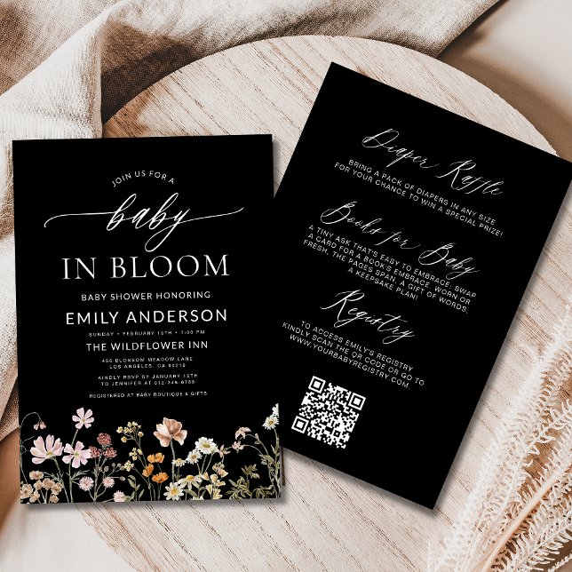 Black QR Code Wildflower Baby in Bloom Shower  Invitation (Creator Uploaded)