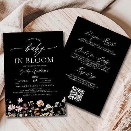 Wildflower Black Floral or wildflower baby shower invitation