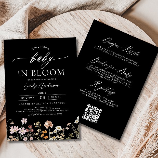 Black QR Code Wildflower Baby in Bloom Shower  Invitation (Creator Uploaded)