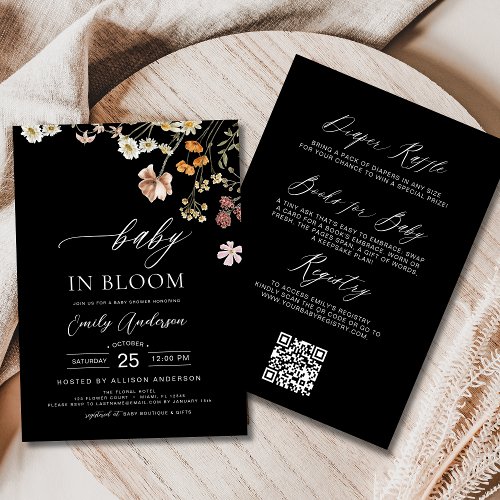 Wildflower Black Floral or wildflower baby shower invitation