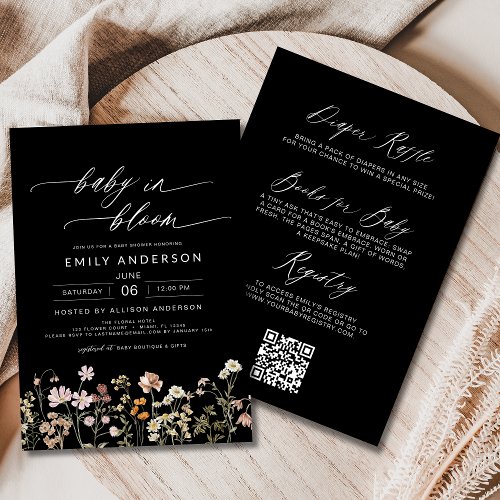 Wildflower Black Floral or wildflower baby shower invitation