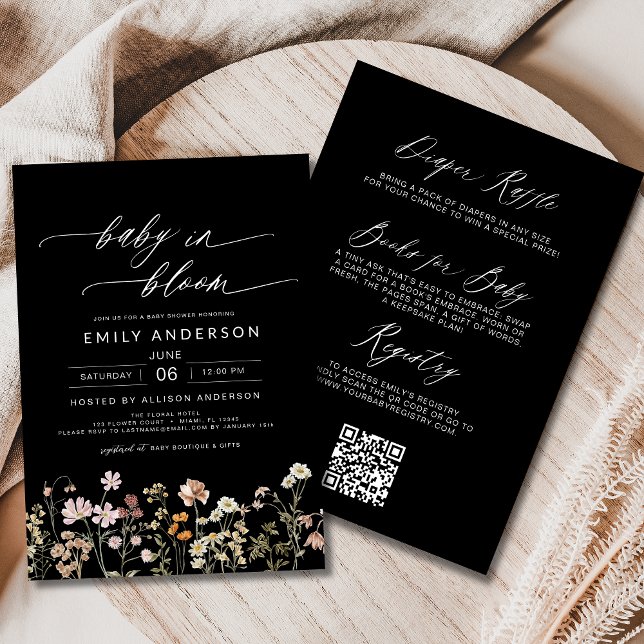 Black QR Code Wildflower Baby in Bloom Shower  Invitation (Creator Uploaded)