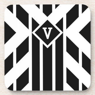 Black Quadrilateral Stripes on White with Monogram Beverage Coaster