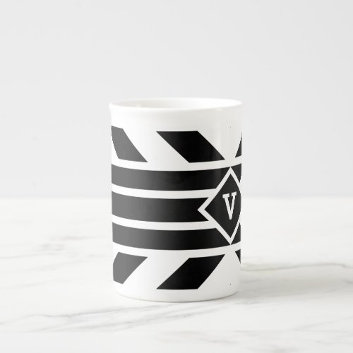 Black Quadrilateral Stripes on White with Monogram Bone China Mug