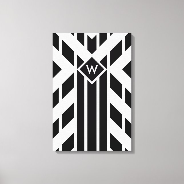 Black Quadrilateral Stripes on White with Monogram Canvas Print (Front)