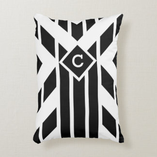Black Quadrilateral Stripes on White with Monogram Decorative Pillow