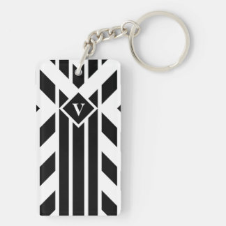 Black Quadrilateral Stripes on White with Monogram Keychain