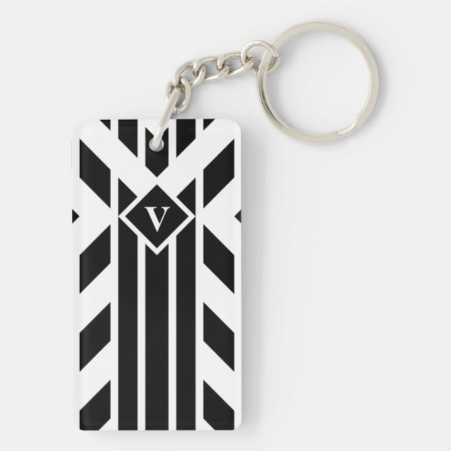 Black Quadrilateral Stripes on White with Monogram Keychain (Back)