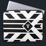 Black Quadrilateral Stripes on White with Monogram Laptop Sleeve<br><div class="desc">Striking black and white geometric pattern features black quadrilaterals aligned in stripes. The parallelograms angle towards a black diamond outlined with white in the upper third of the image. The diamond contains a customizable monogram. Three bold black stripes extend from the bottom of the diamond to the base of the...</div>